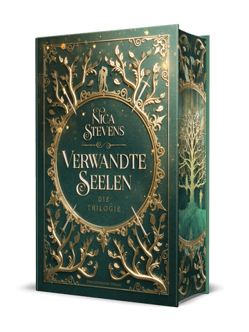 Das Cover zeigt einen goldenen Kreis auf grünem Hintergrund, in dem der Titel steht. Darum sieht man goldene Blätter. Eingefasst wird alles durch einen goldenen Rahmen.